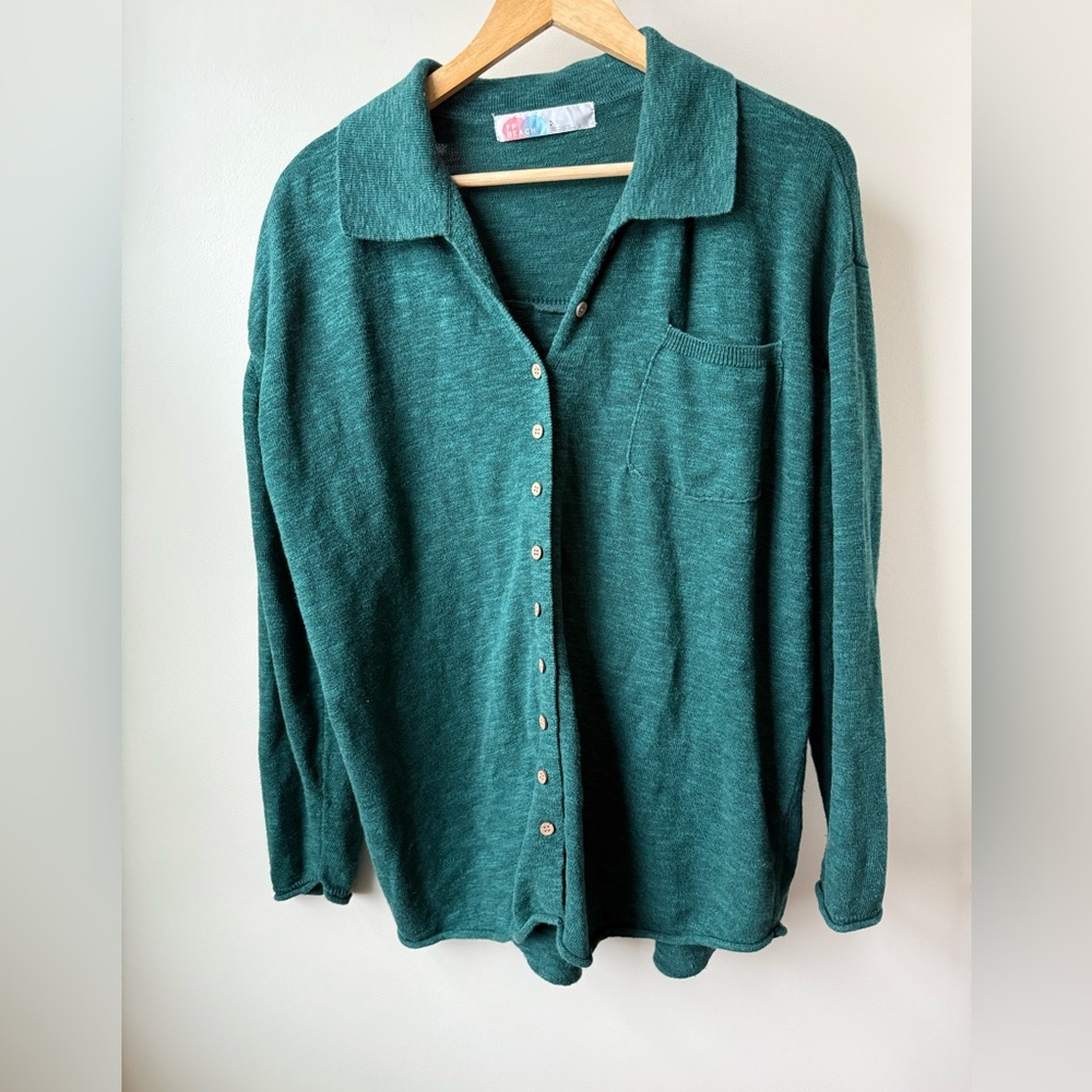 FREE PEOPLE BEACH Cotton‎ Linen Knit Button Down Shirt Oversized Green Baggy S